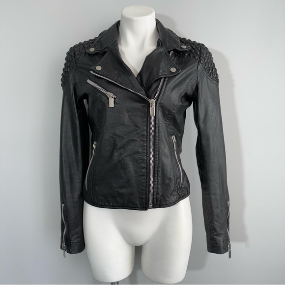 Mango Textured Panel Genuine Leather Biker Jacket Black XS Quilted Shoulder Moto - Picture 4 of 16